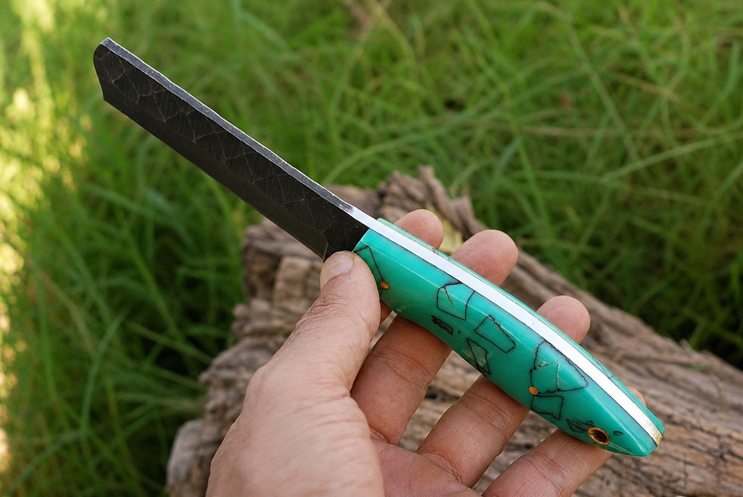 Hand Forged Railroad Steel Fixed Blade Knife with Risen Handle – Compact Utility Knife with Leather Sheath