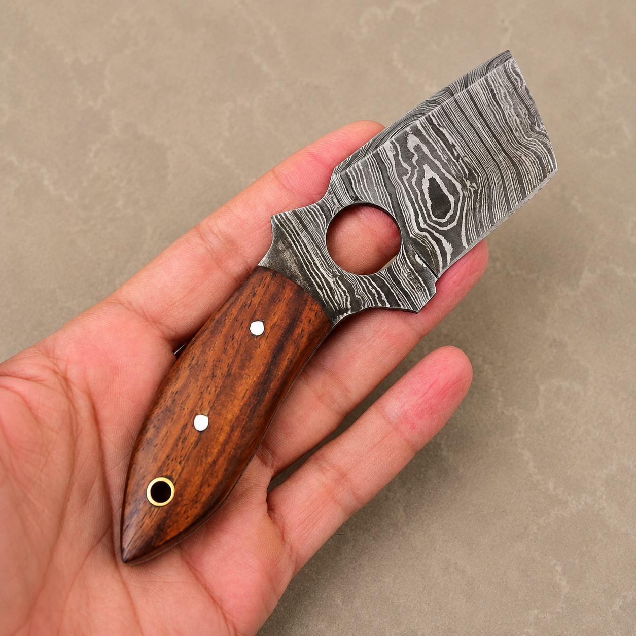 Custom Handmade Damascus Steel Fixed Blade Utility Tool with Wood Handle – 512 Layers Compact Collectible with Leather Sheath