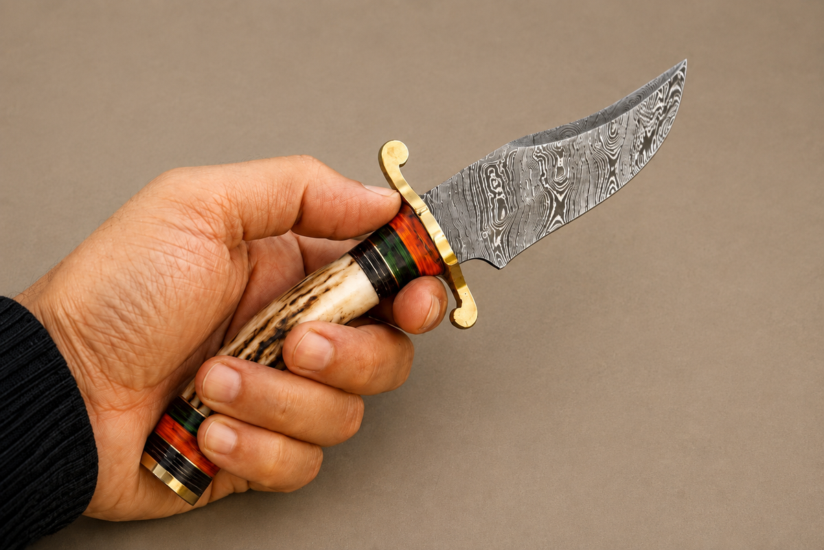 Heritage Damascus Steel Knife – Hand Forged 512-Layer Blade with Stag Handle With Brass Guard
