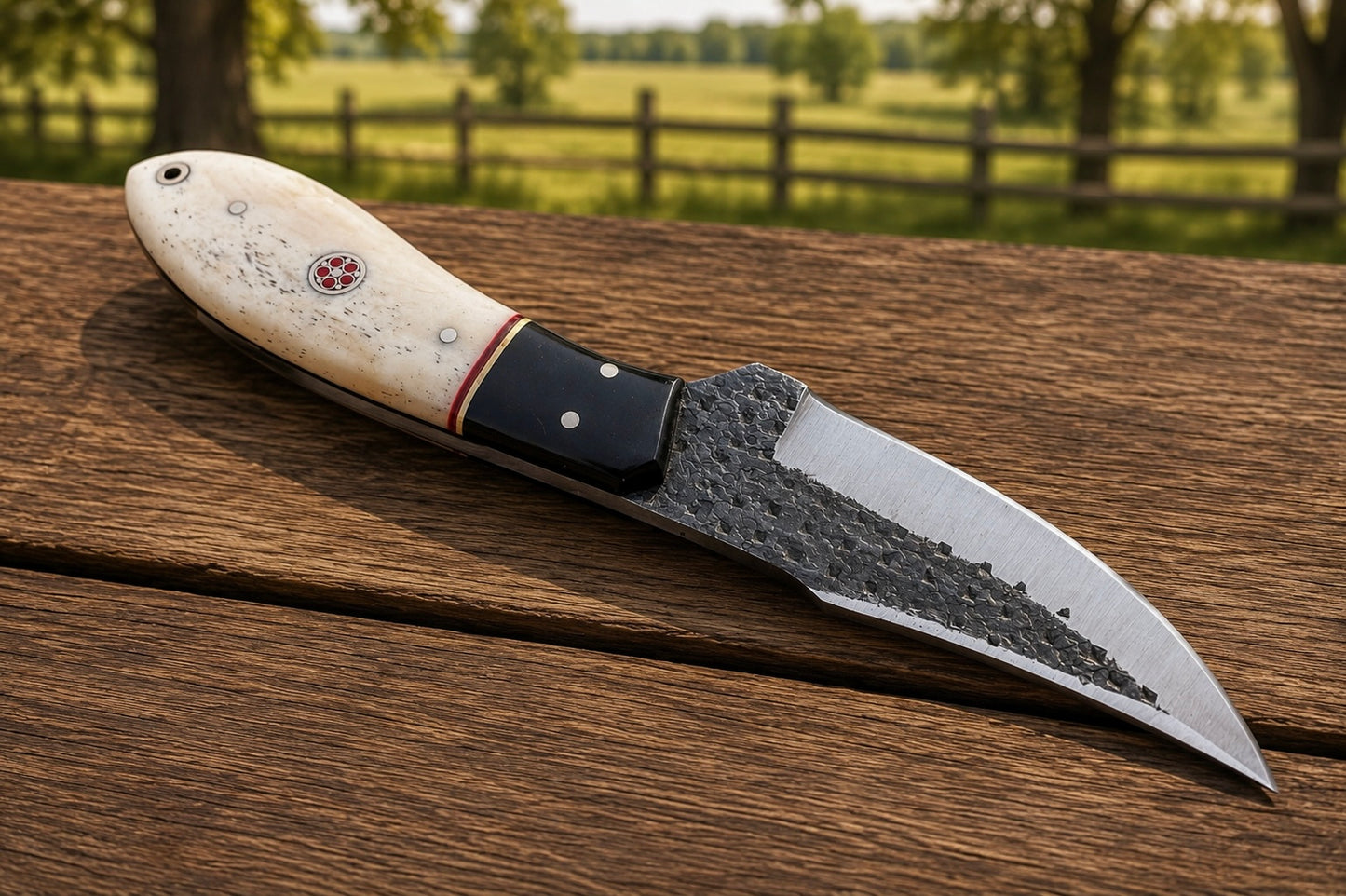 Handmade Railroad Spike Carbon Steel Utility Knife – Natural Bone & Horn Handle | Leather Sheath Included
