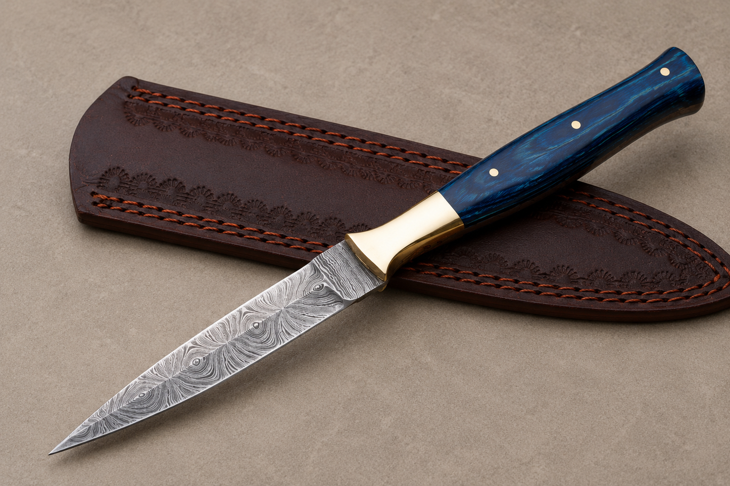 Timber Crest Damascus Steel Knife – 512 Layer Hand Forged Blade with Wood & Brass Handle and Leather Sheath