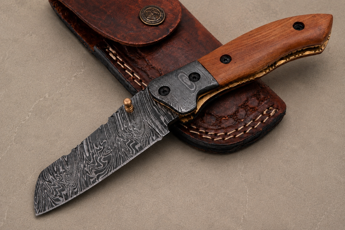 Handmade 512-Layer Damascus Steel Folding Utility Knife with Olive Wood Handle & Leather Sheath