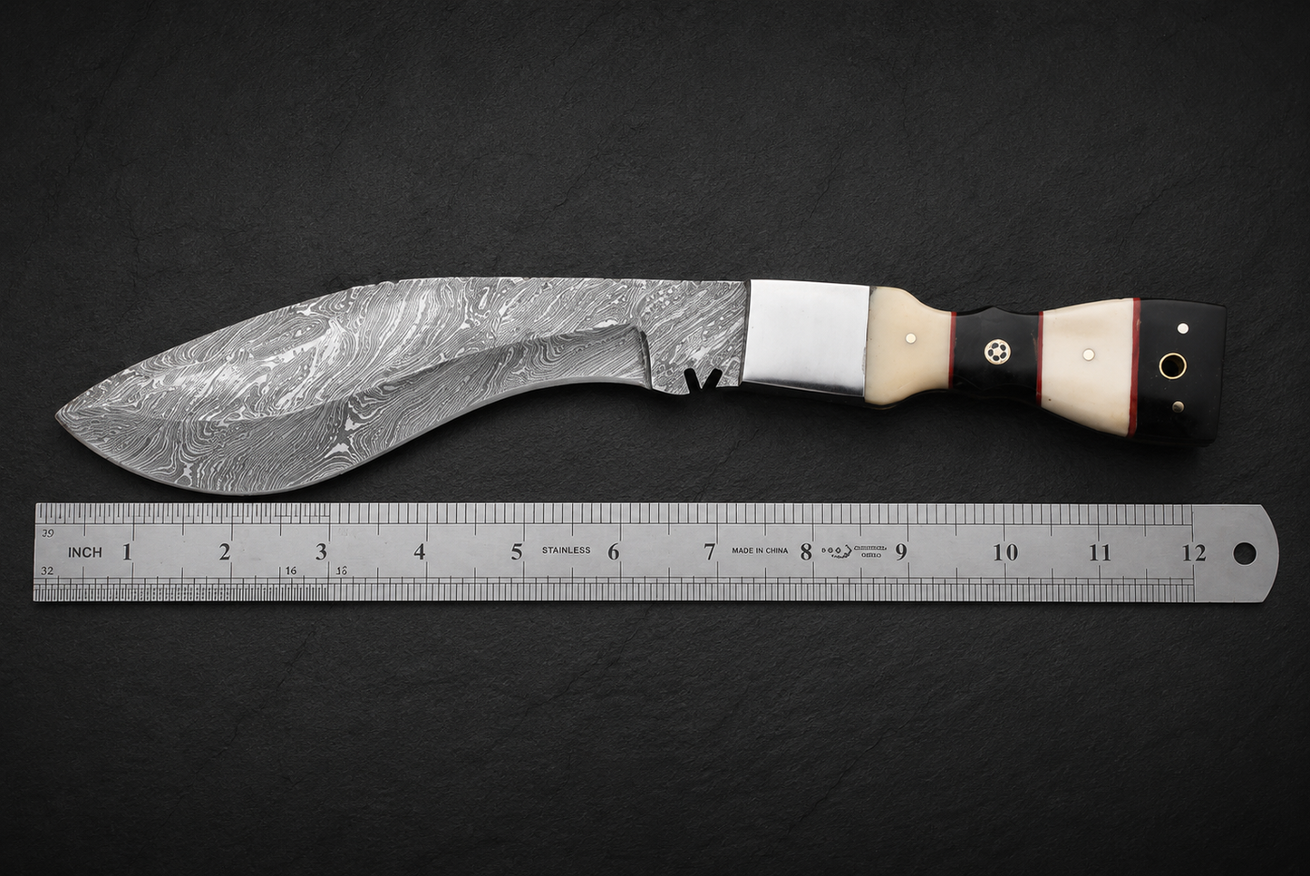 Heritage Curve Damascus Steel Utility Knife – 12” Hand Forged 512 Layer Blade with Bull Horn & Bone Handle, Leather Sheath