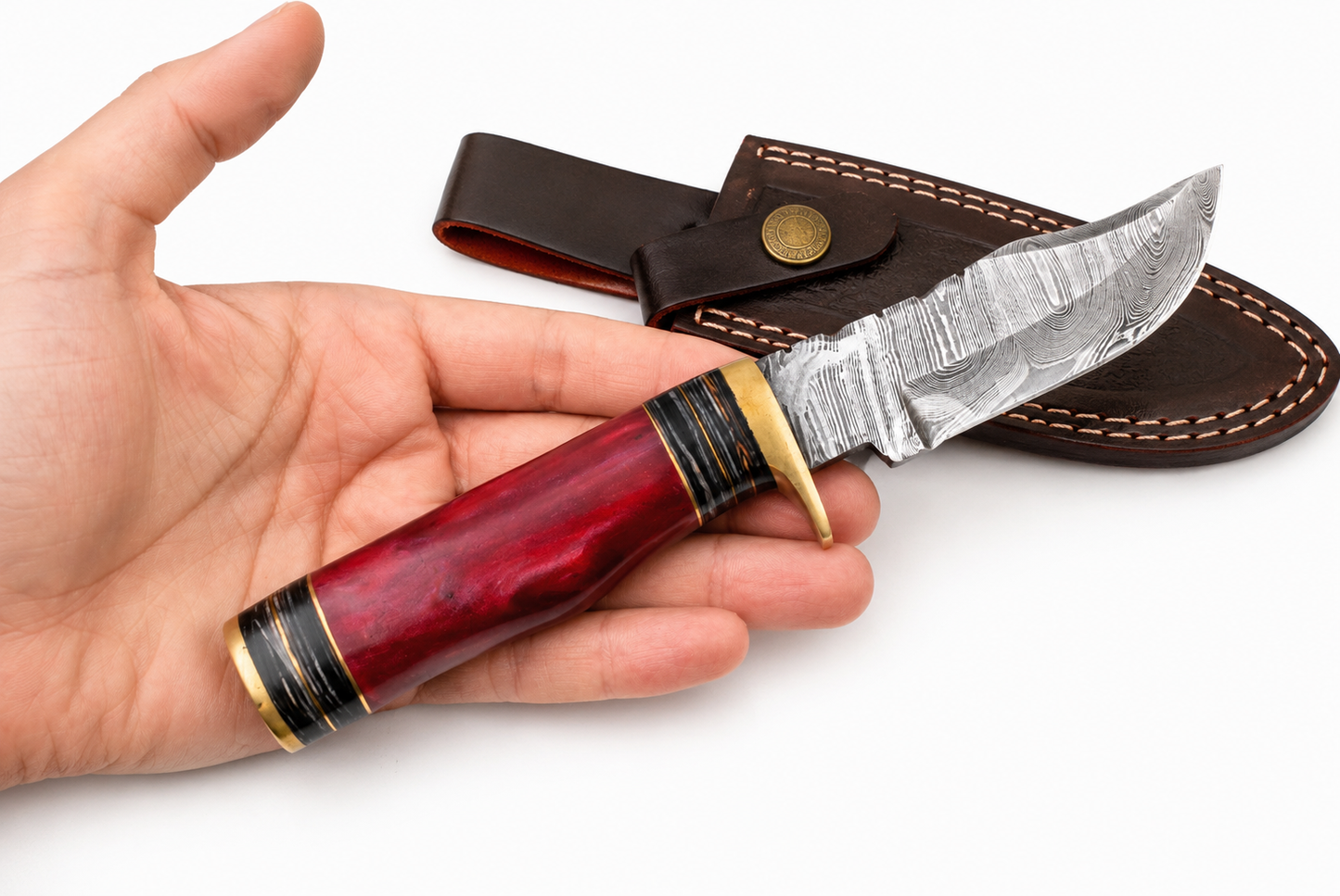 Limited Edition Handmade Damascus Steel Knife – Resin & Brass Handle | Leather Sheath Included