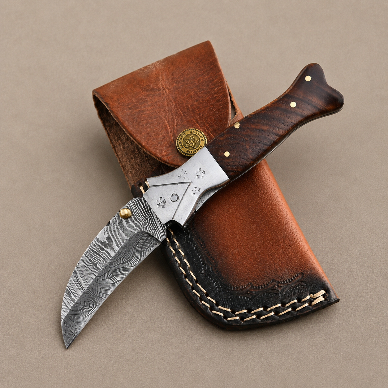 Hand Forged Damascus Steel Folding Pocket Knife with Wood Handle