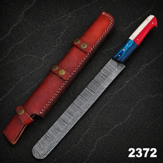 15” Premium Hand-Forged Damascus Steel Brisket Chef Knife – Texas Flag Handle | 512 Layers | Leather Sheath Included