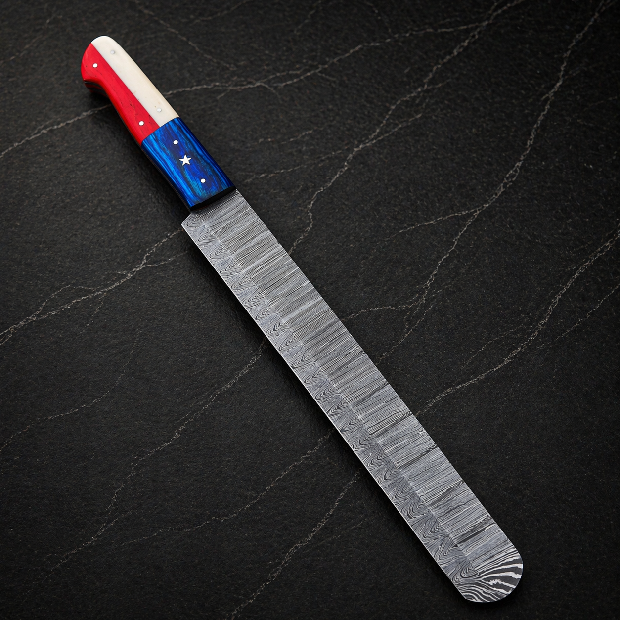 15” Premium Hand-Forged Damascus Steel Brisket Chef Knife – Texas Flag Handle | 512 Layers | Leather Sheath Included