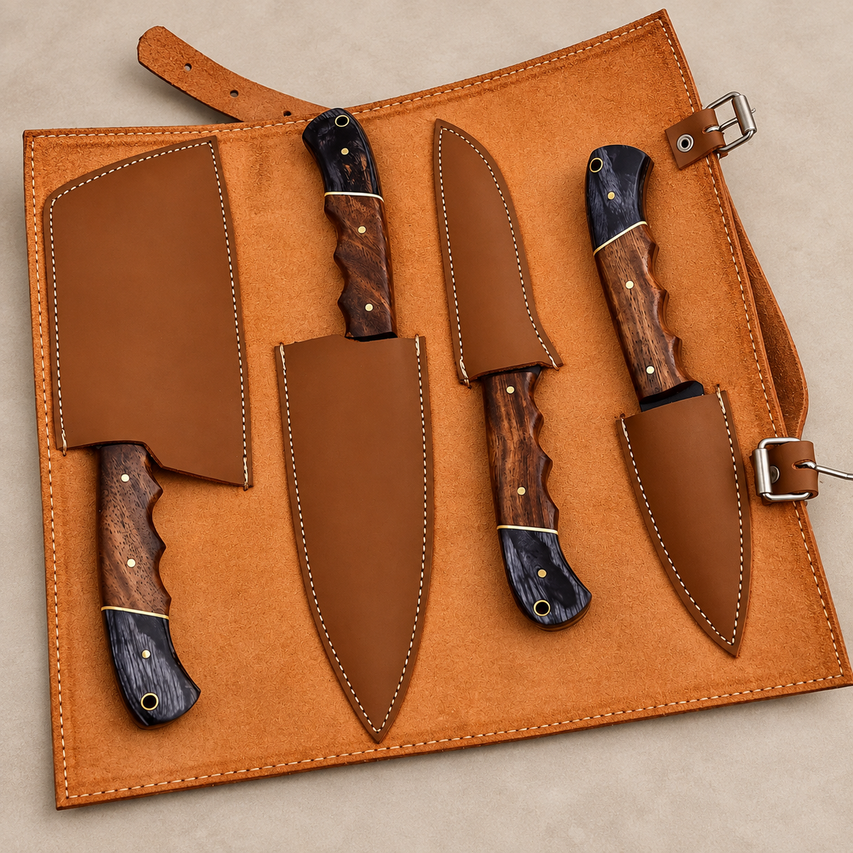 Hand Forged High Carbon Steel Chef Knife Set – 5-Piece Full Tang Kitchen Set with Wood Handles