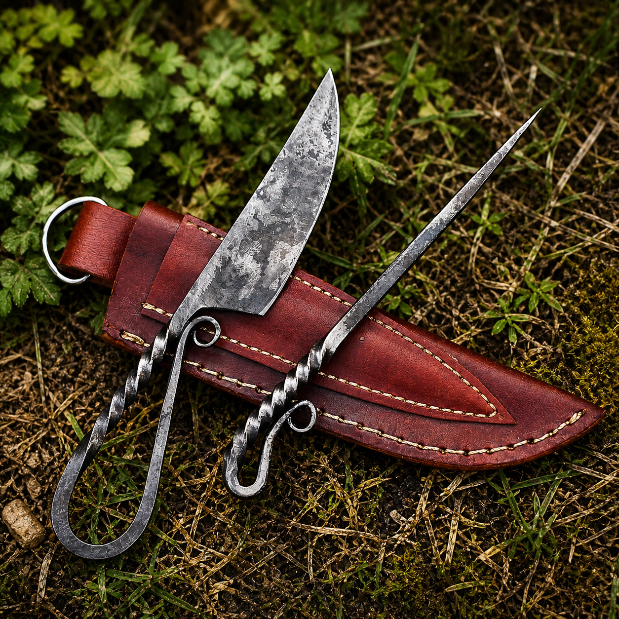 Handmade Viking Dining Set | Hand Forged Carbon Steel Knife & Skewer | Leather Sheath | Medieval Reenactment Gift