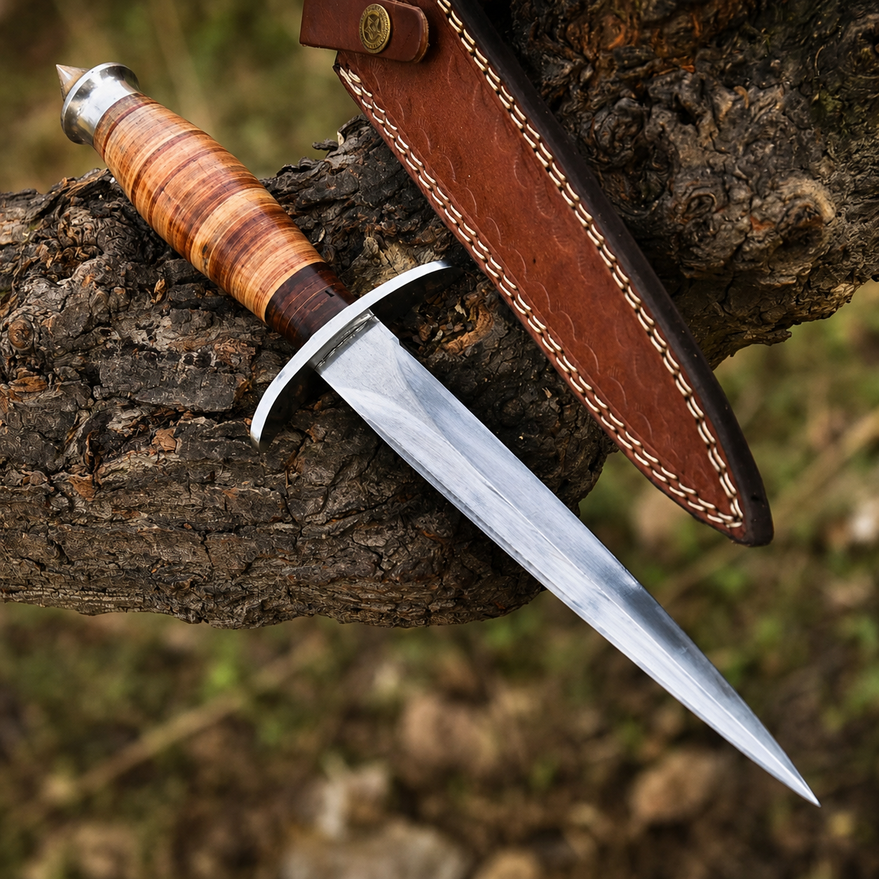 Vintage Style Fixed Blade Knife – Stacked Leather Handle with Leather Sheath