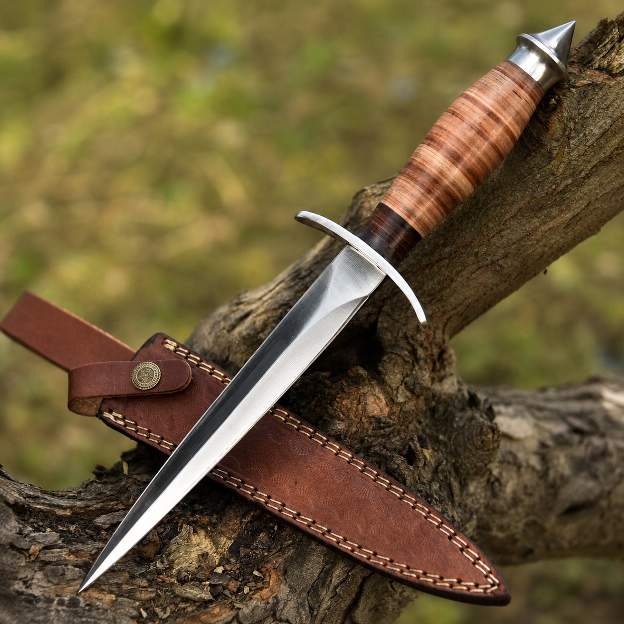 Vintage Style Fixed Blade Knife – Stacked Leather Handle with Leather Sheath