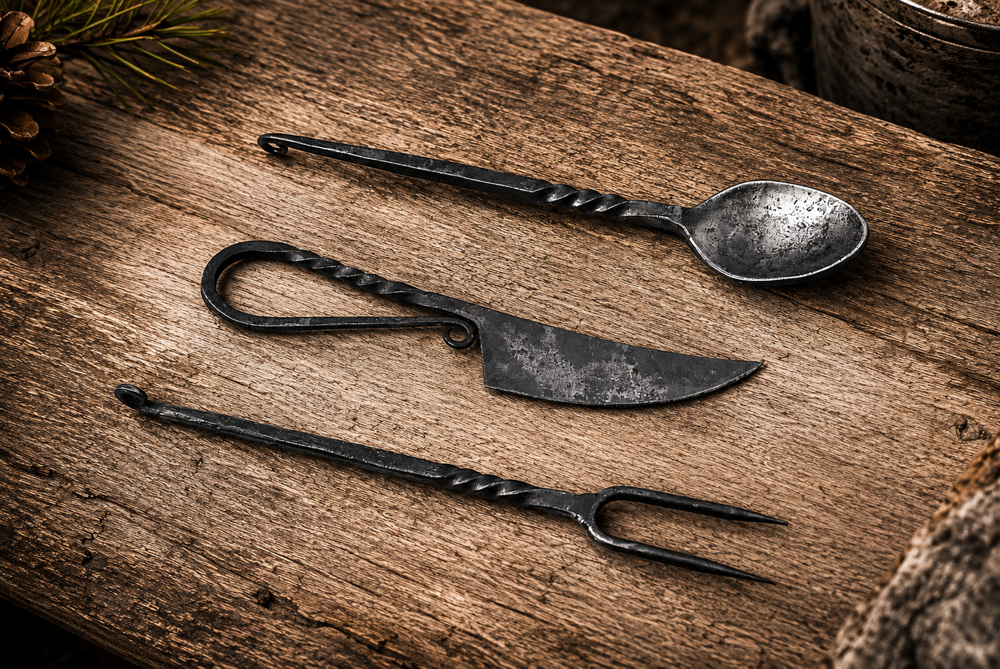 Hand Forged Medieval Damascus Utensil Set – Handmade Feasting Spoon Fork & Utility Set with Leather Pouch