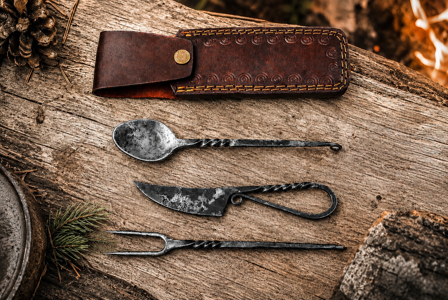 Hand Forged Medieval Damascus Utensil Set – Handmade Feasting Spoon Fork & Utility Set with Leather Pouch