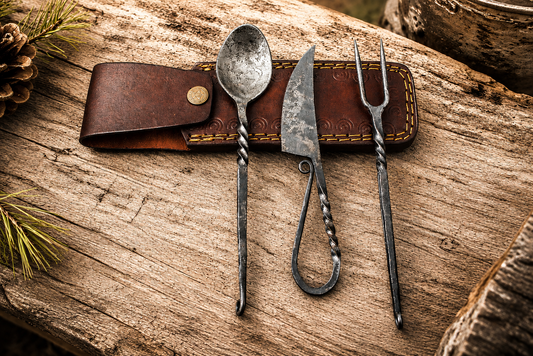 Hand Forged Medieval Damascus Utensil Set – Handmade Feasting Spoon Fork & Utility Set with Leather Pouch