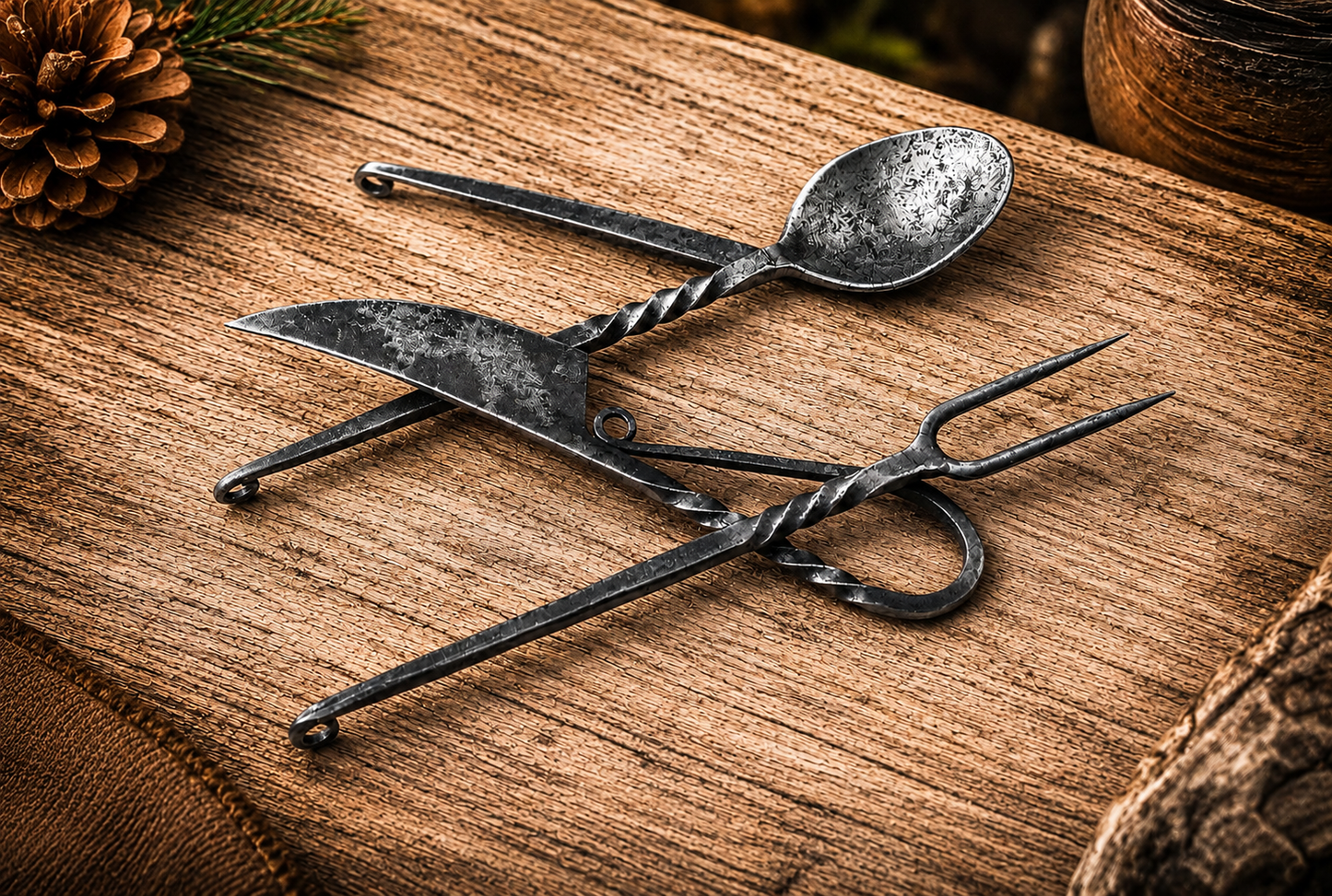 Hand Forged Medieval Damascus Utensil Set – Handmade Feasting Spoon Fork & Utility Set with Leather Pouch