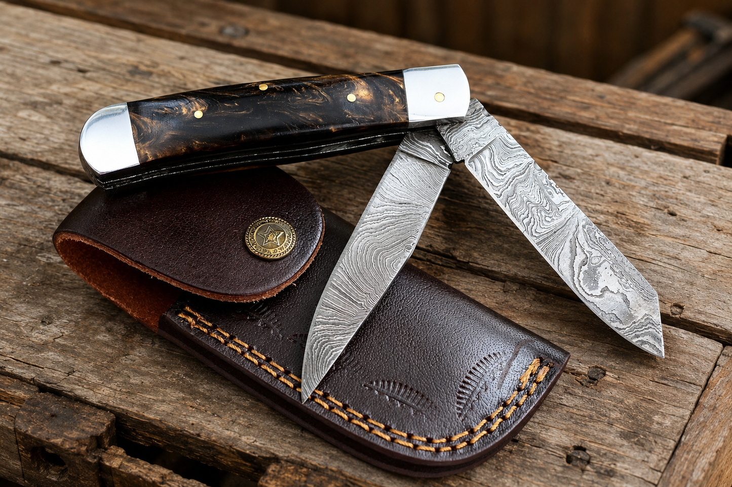 Custom Handmade Damascus Steel Double Blade Trapper Folding Knife – 512 Layers Pocket Knife with Leather Sheath