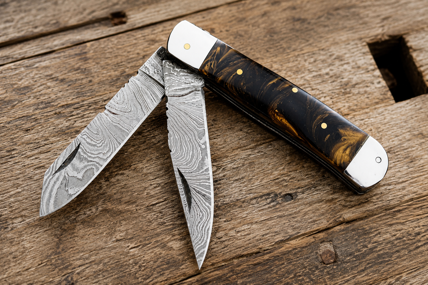 Custom Handmade Damascus Steel Double Blade Trapper Folding Knife – 512 Layers Pocket Knife with Leather Sheath