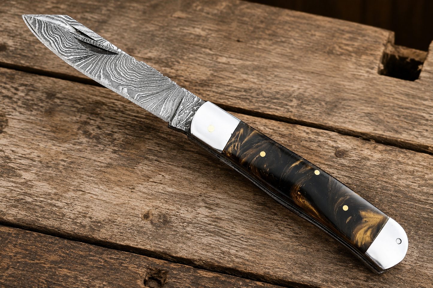 Custom Handmade Damascus Steel Double Blade Trapper Folding Knife – 512 Layers Pocket Knife with Leather Sheath