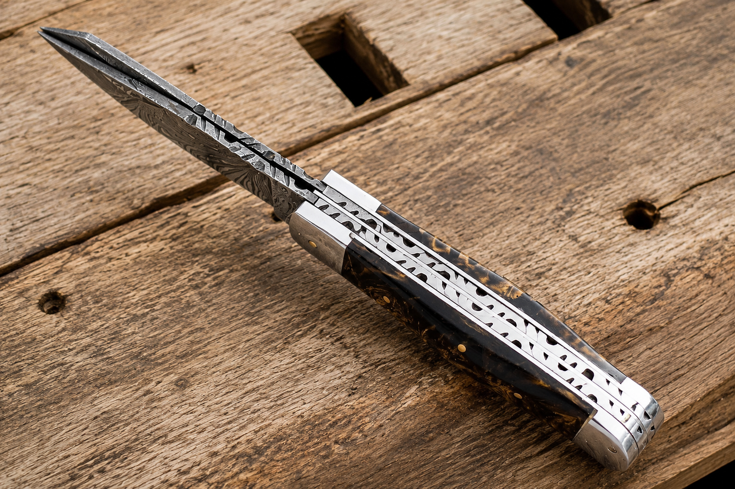Custom Handmade Damascus Steel Double Blade Trapper Folding Knife – 512 Layers Pocket Knife with Leather Sheath