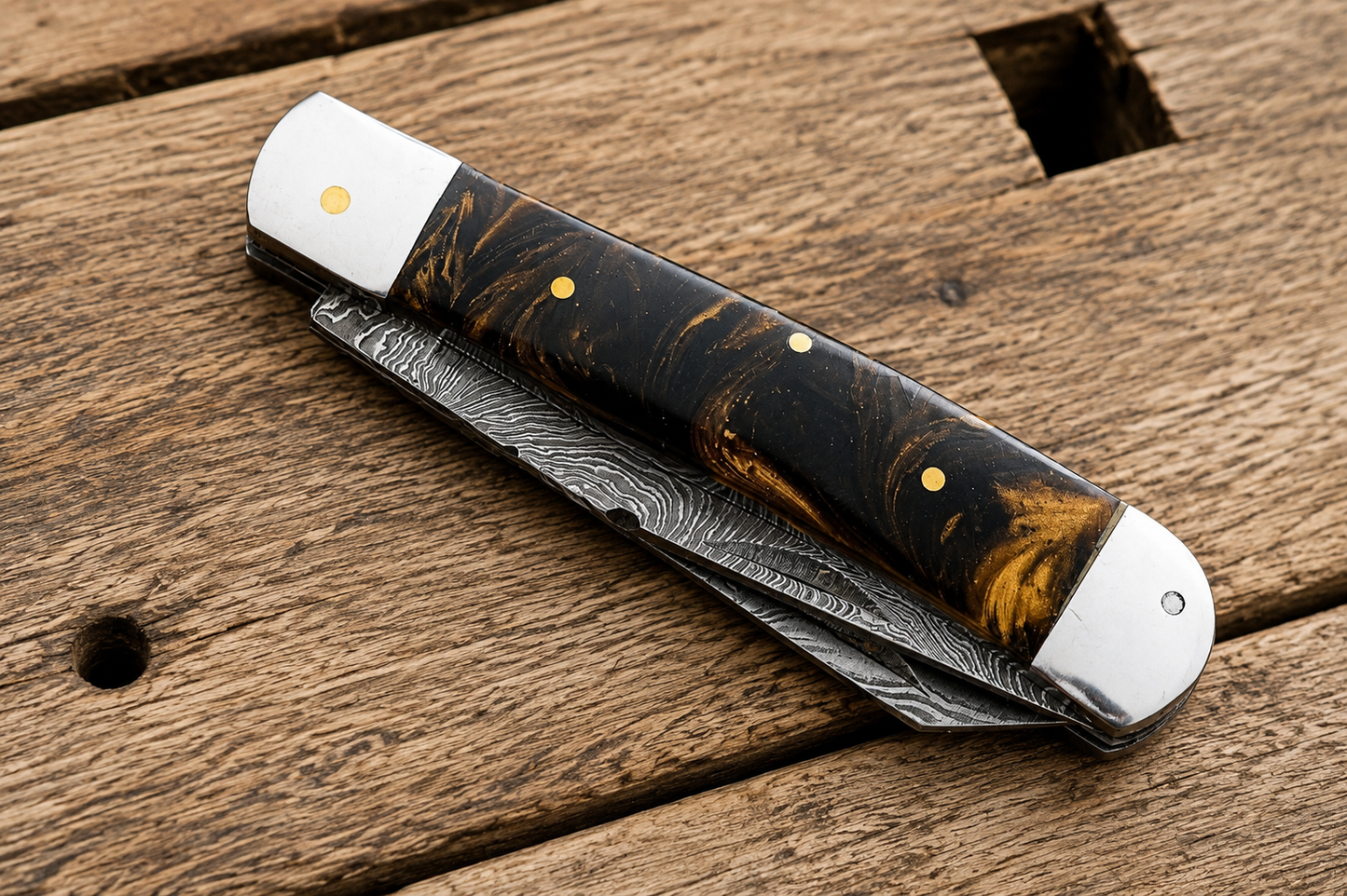 Custom Handmade Damascus Steel Double Blade Trapper Folding Knife – 512 Layers Pocket Knife with Leather Sheath