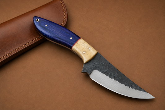 ForgeCraft Carbon Steel Knife – Hand Forged Blade with Wood & Bone Handle and Leather Sheath