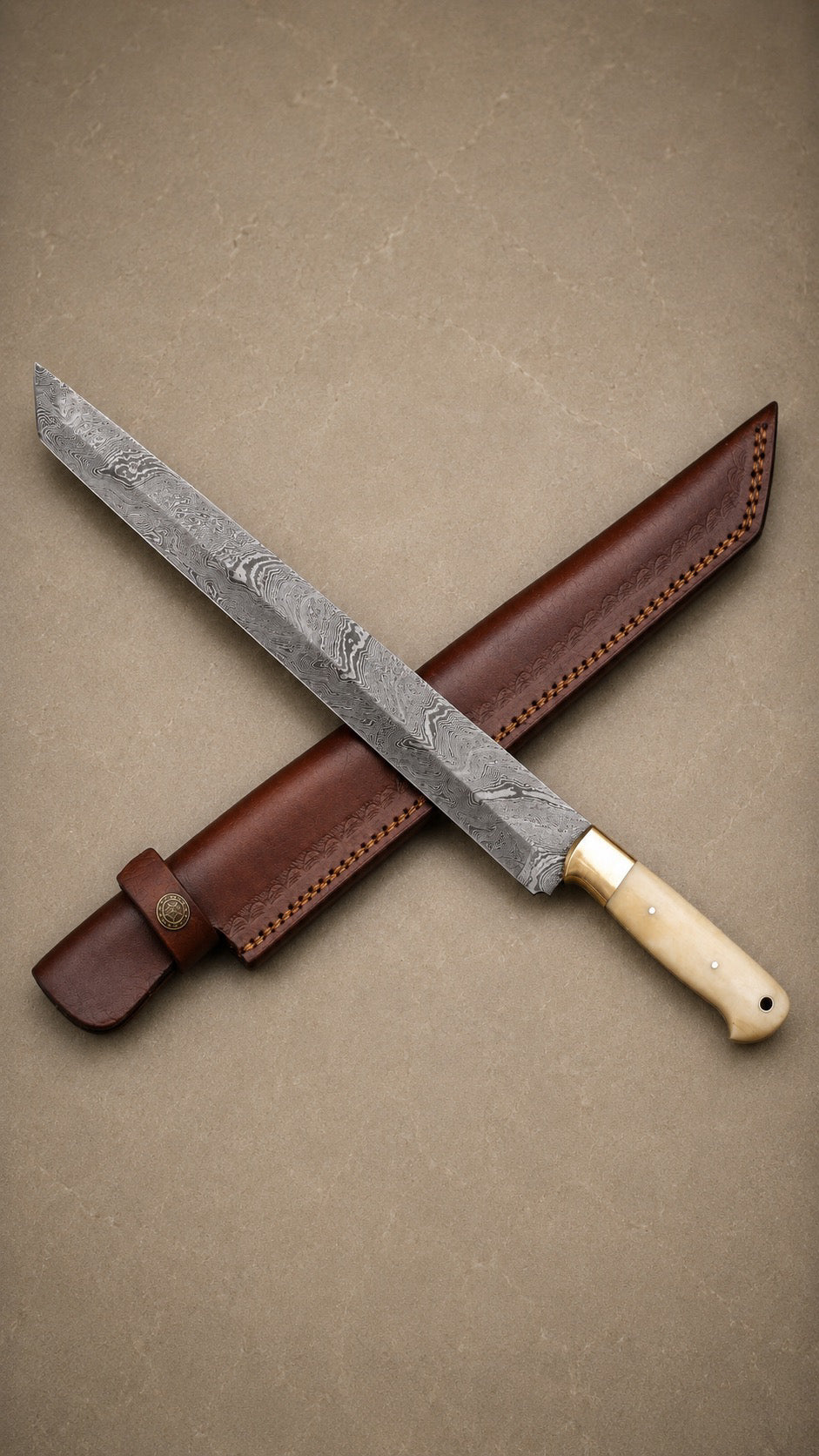 Copper Ridge Damascus Kitchen Knife – 10-Inch Artisan Blade with Camel Bone Handle