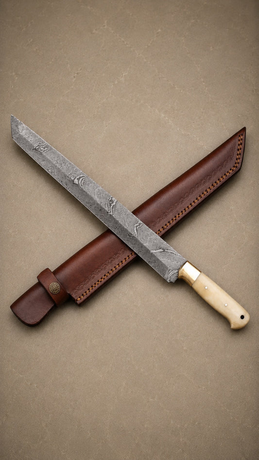 Copper Ridge Damascus Kitchen Knife – 10-Inch Artisan Blade with Camel Bone Handle