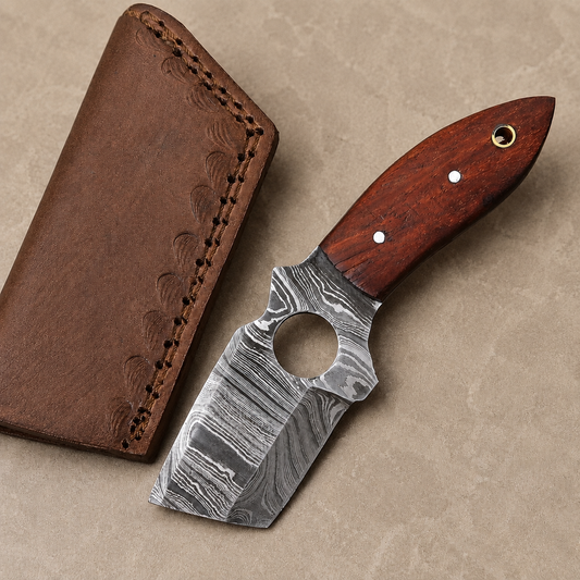 Custom Handmade Damascus Steel Fixed Blade Utility Tool with Wood Handle – 512 Layers Compact Collectible with Leather Sheath