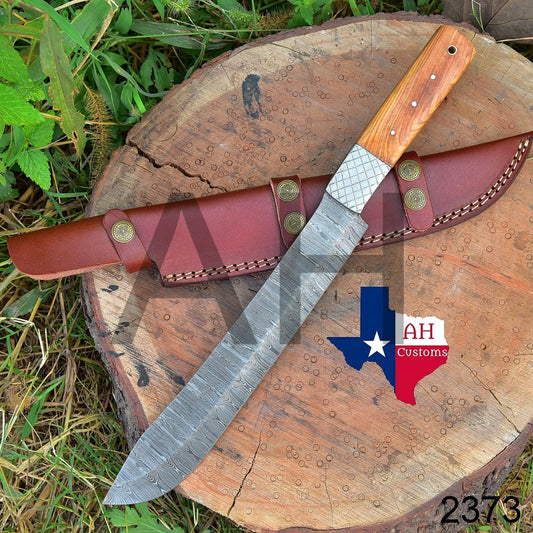 15" Handmade Damascus Steel Brisket & Butcher Chef Knife – Wood Handle with Leather Sheath 2373