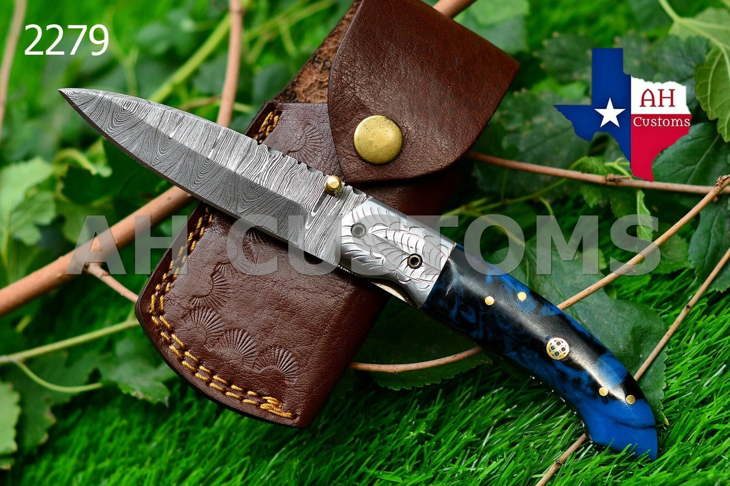 Handmade 512-Layer Damascus Steel Folding Pocket Knife with Resin Handle & Leather Sheath