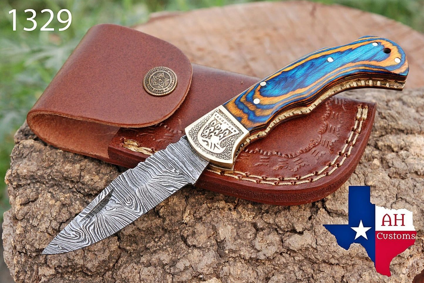 Handmade 512-Layer Damascus Steel Folding Pocket Knife with Wood Handle & Leather Sheath