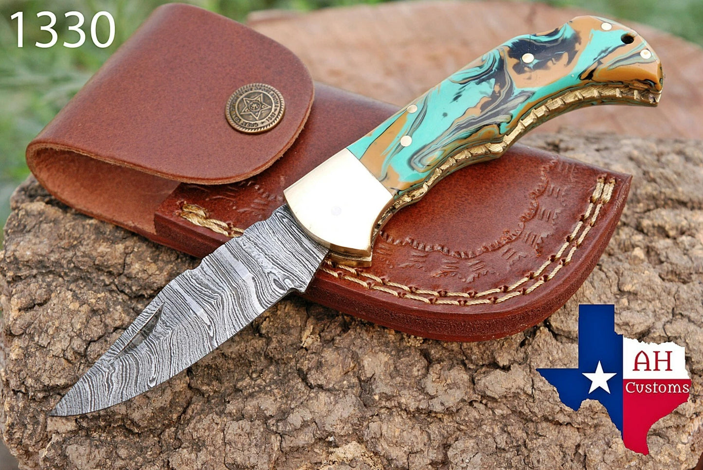 Handmade 512-Layer Damascus Steel Folding Pocket Knife with Wood Handle & Leather Sheath