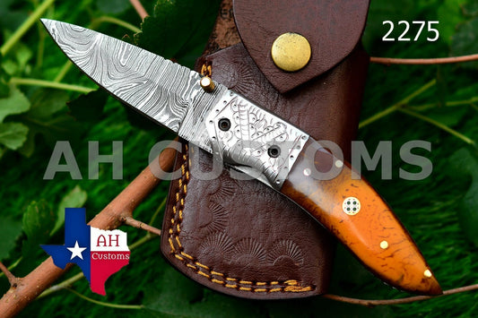 Handmade 512-Layer Damascus Steel Folding Pocket Knife with Resin Handle & Leather Sheath