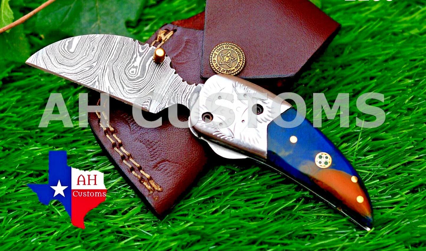 Handmade 512-Layer Damascus Steel Folding Pocket Knife with Resin Handle & Leather Sheath