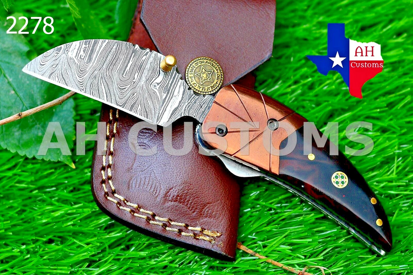 Handmade 512-Layer Damascus Steel Folding Pocket Knife with Resin & Copper Bolster Handle and Leather Sheath