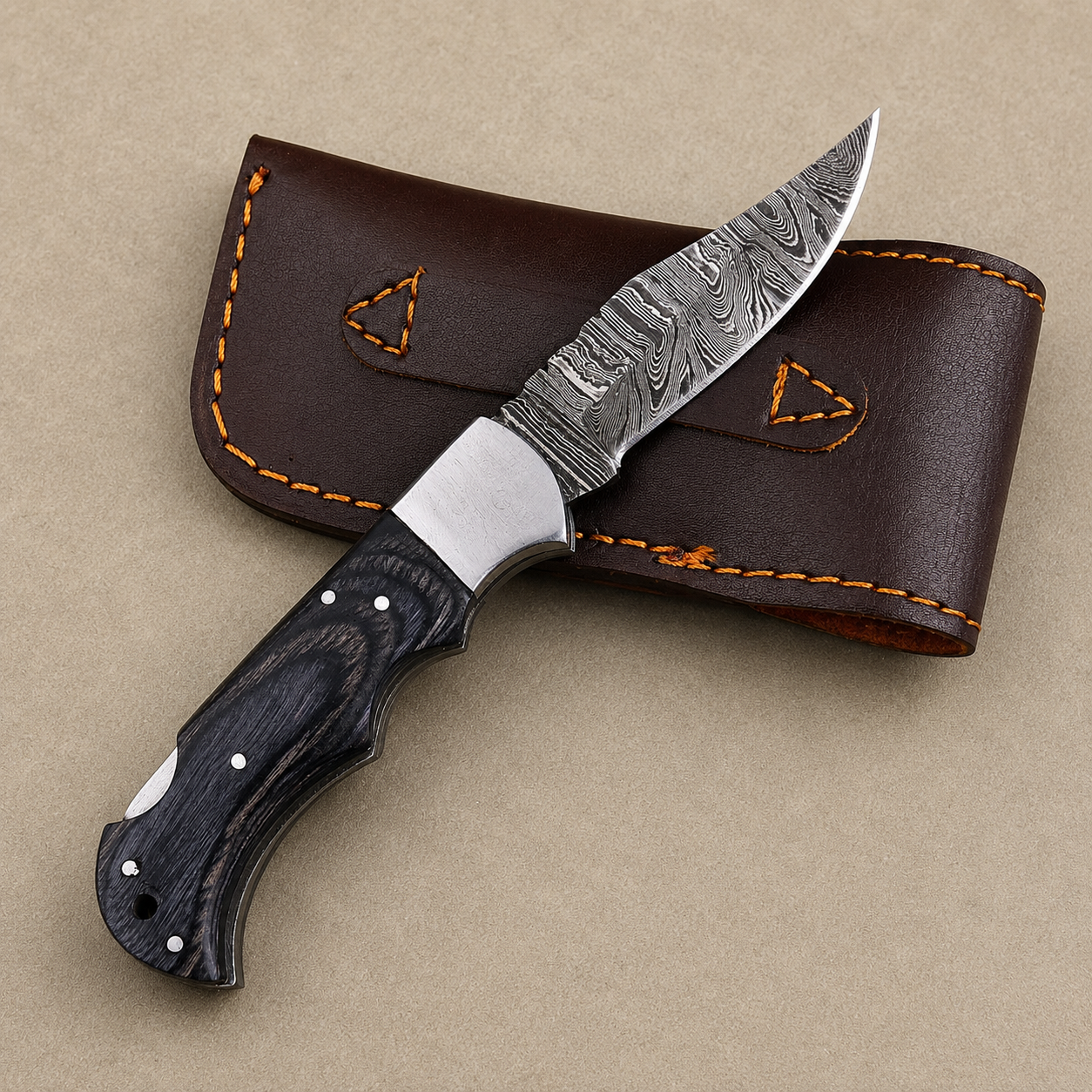 Artisan Folding Damascus Steel Pocket Knife – Black Pukka Wood Handle | Steel Bolster | Classic Back Lock