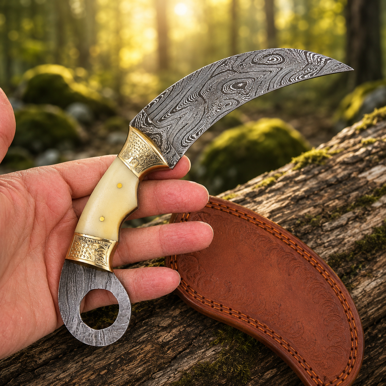 Handmade Damascus Steel Curved Fixed Blade Knife – Camel Bone Handle & Engraved Brass Bolster | Leather Sheath Included