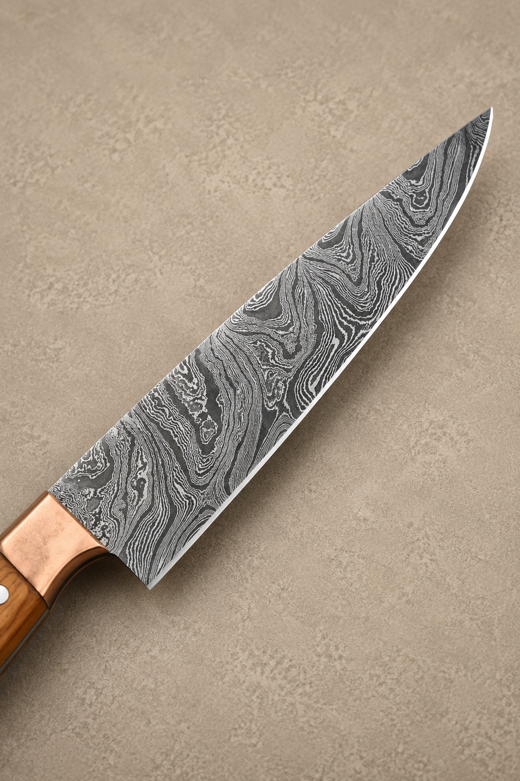 Olive Grove Damascus Chef Knife – 512 Layer Hand Forged Kitchen Knife with Olive Wood Handle & Copper Guard