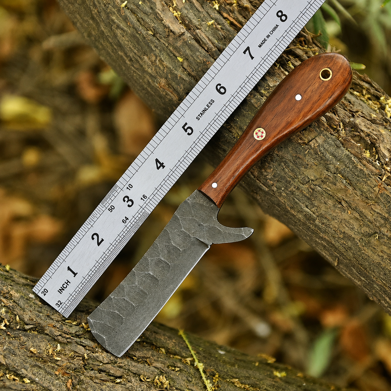 Hand Forged Railroad Steel Fixed Blade Knife with Wood Handle & Engraved Leather Sheath