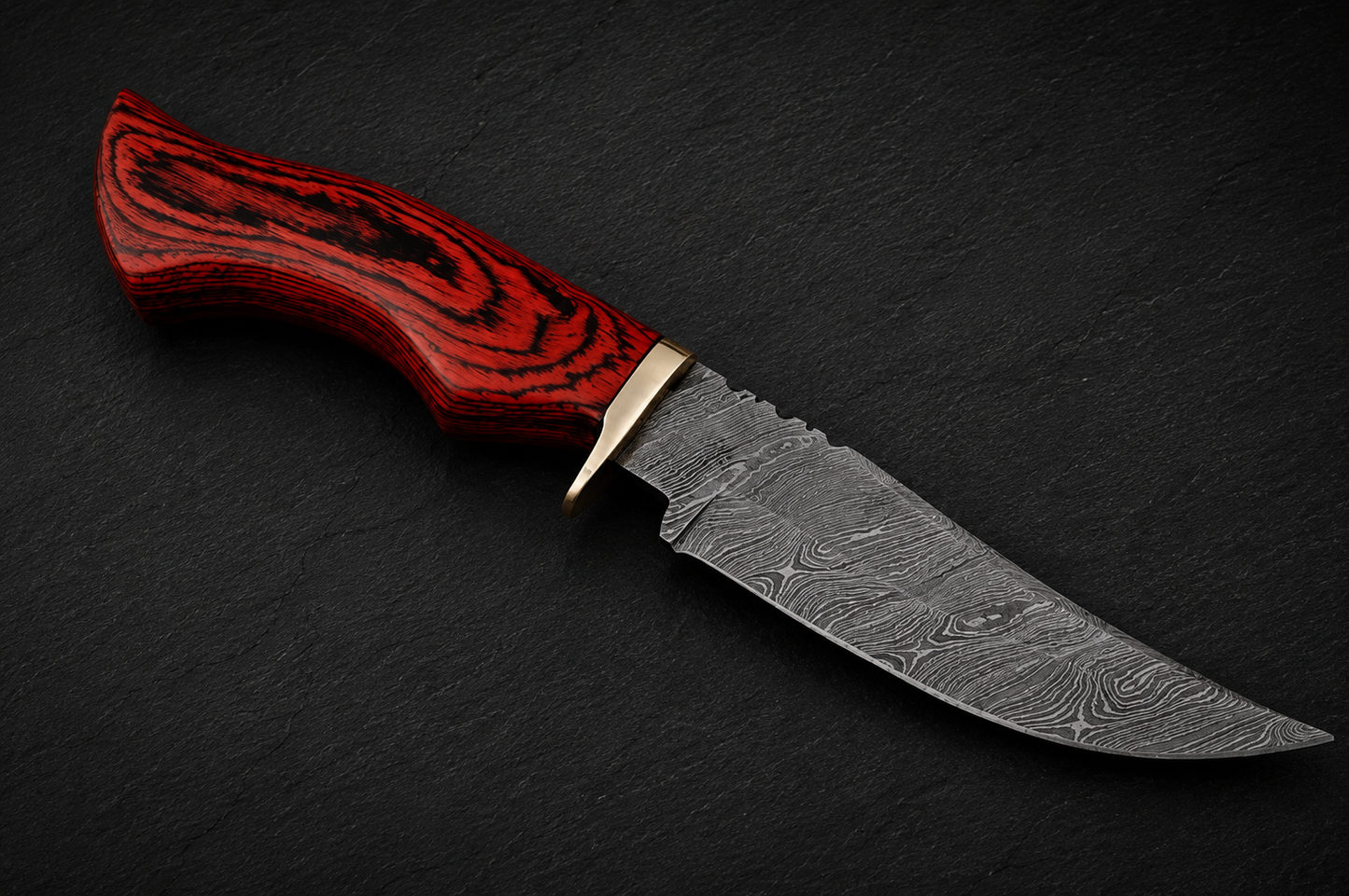 Timber Guard Damascus Steel Utility Knife – 512 Layer Hand Forged Fixed Blade with Stained Wood Handle, Brass Guard & Leather Sheath