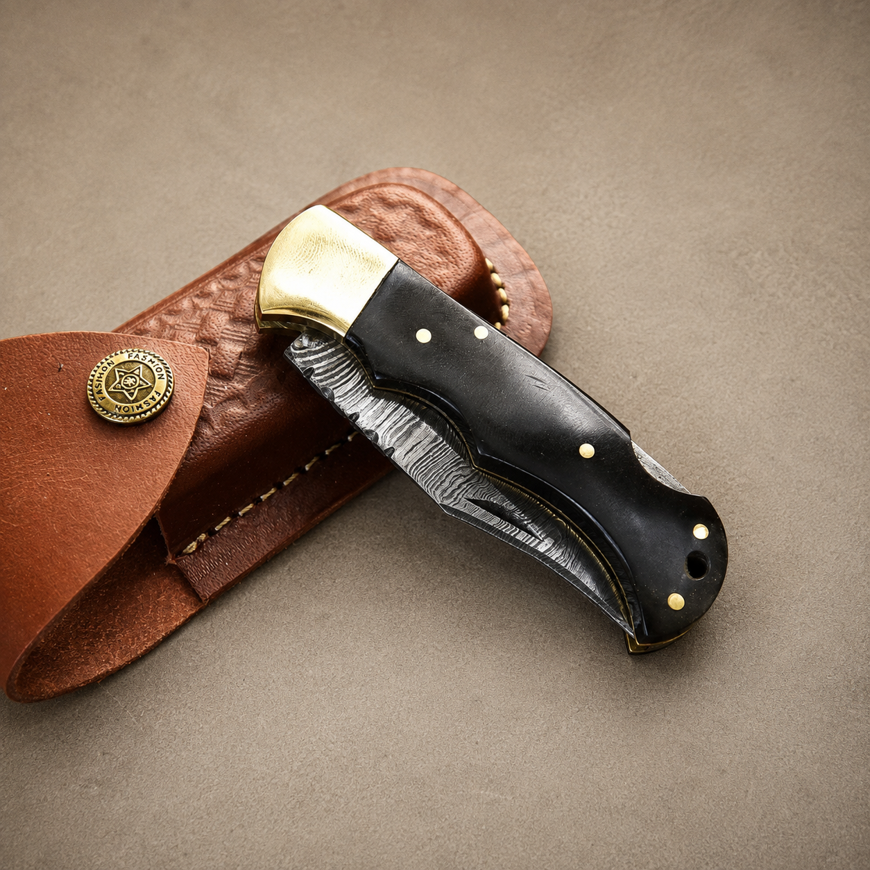 Hand Forged Damascus Steel Folding Pocket Knife with Bull Horn Handle