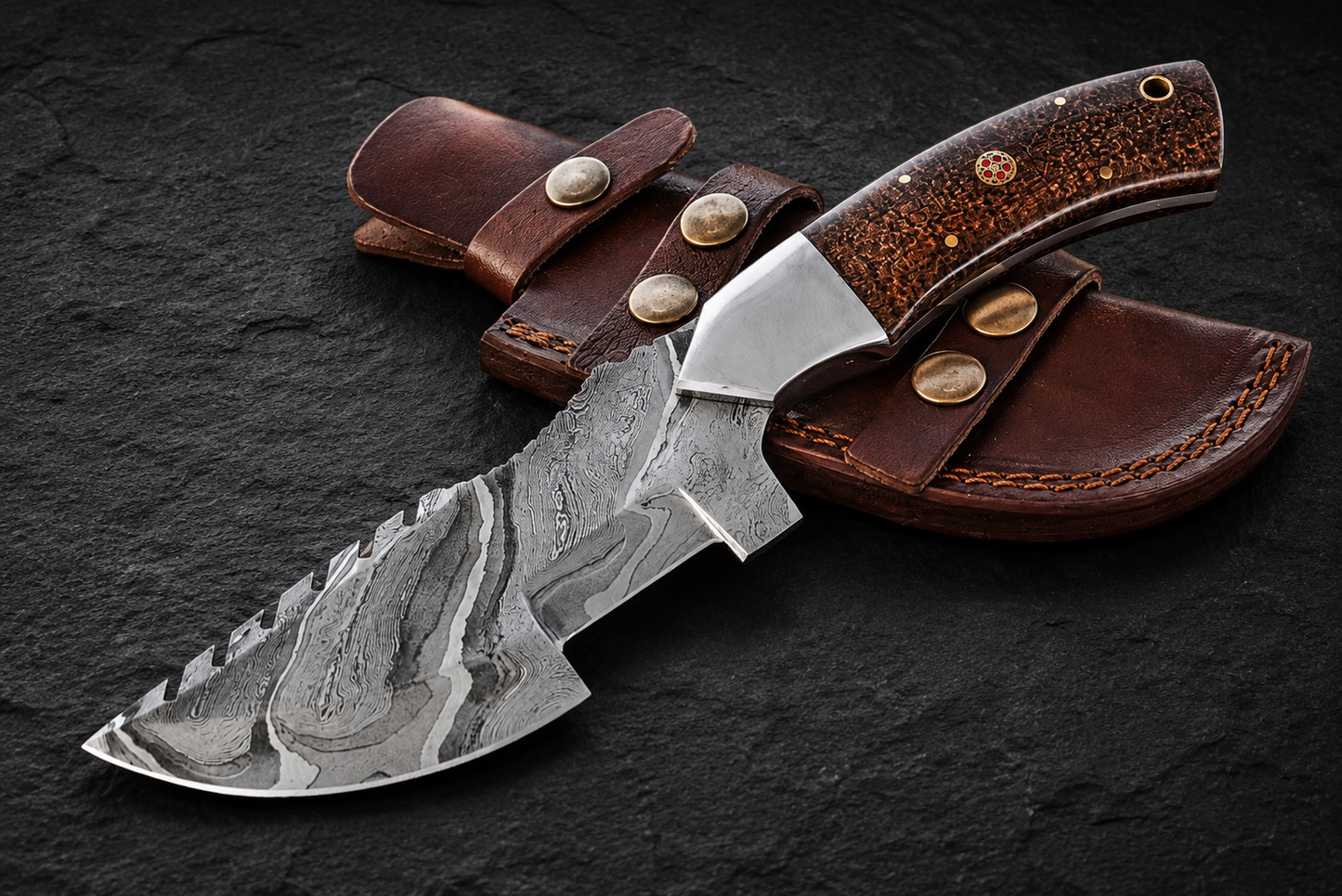 Summit Track Damascus Steel Utility Knife – 512 Layer Hand Forged Fixed Blade with Micarta Handle & Leather Sheath