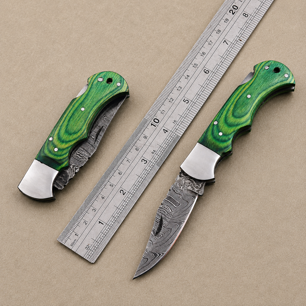 Artisan Folding Damascus Steel Knife – Premium Wood Handle | Steel Bolster |Green Handle| Classic Lock back