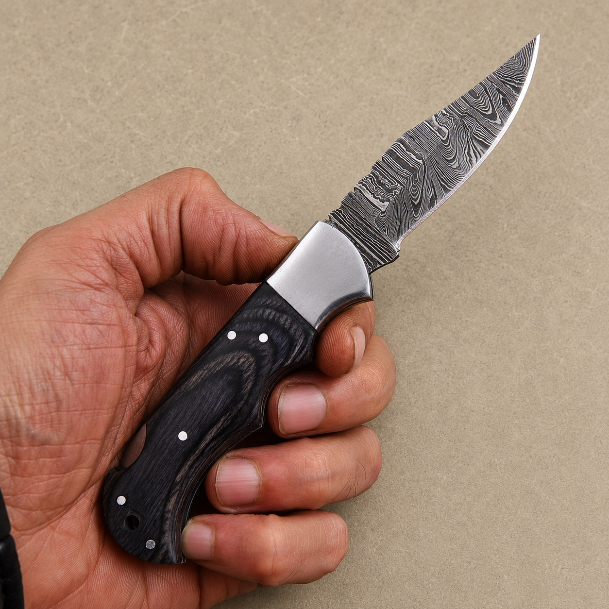 Artisan Folding Damascus Steel Pocket Knife – Black Pukka Wood Handle | Steel Bolster | Classic Back Lock