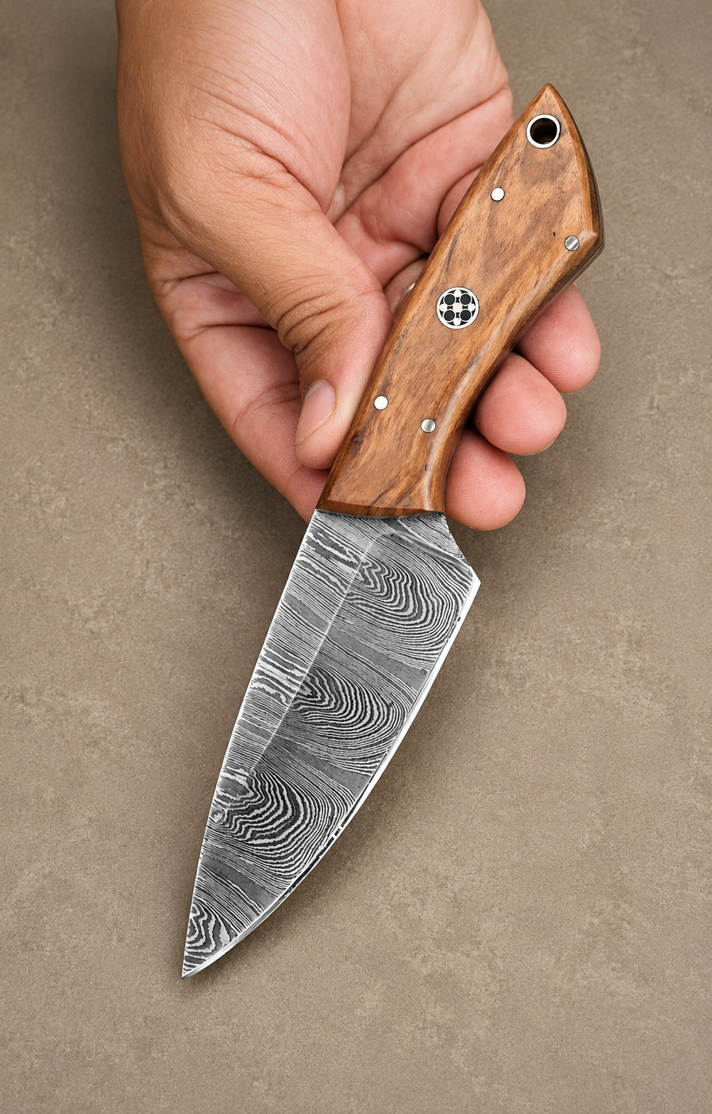 Trail Master Damascus Steel Utility Knife – 512 Layer Hand Forged Blade with Wood Handle & Leather Sheath