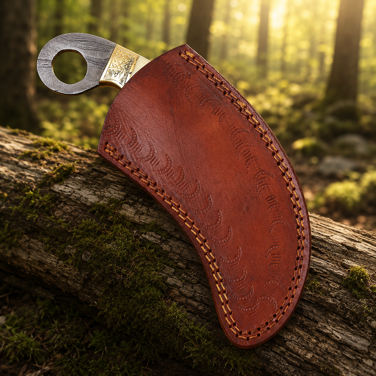 Handmade Damascus Steel Curved Fixed Blade Knife – Camel Bone Handle & Engraved Brass Bolster | Leather Sheath Included