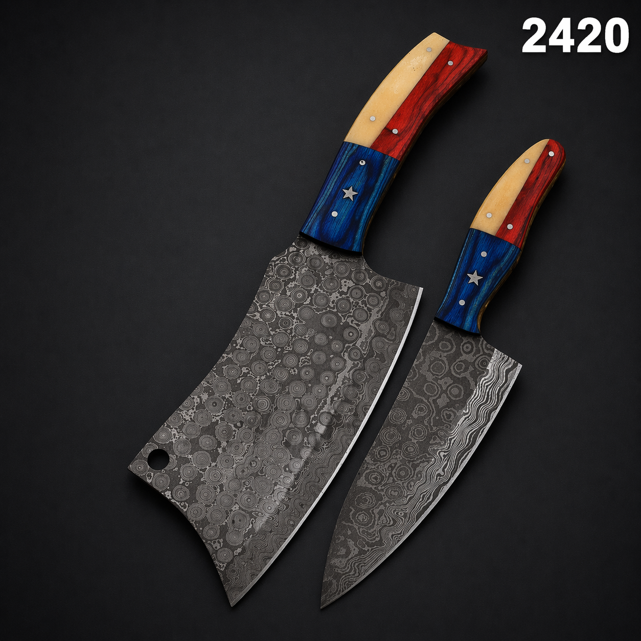 Handmade Damascus Steel Chef Knife Set (2 PCS) – 512 Layers Kitchen Knives with Wood Handle & Leather Sheath