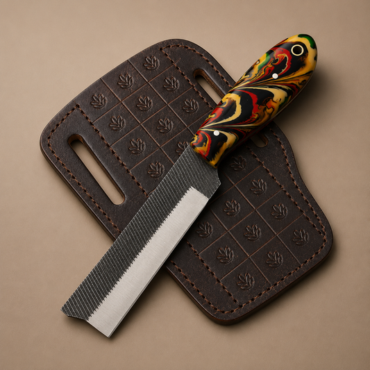 Hand Forged Railroad Steel Fixed Blade Knife with Resin Handle – Compact Utility Tool with Leather Sheath