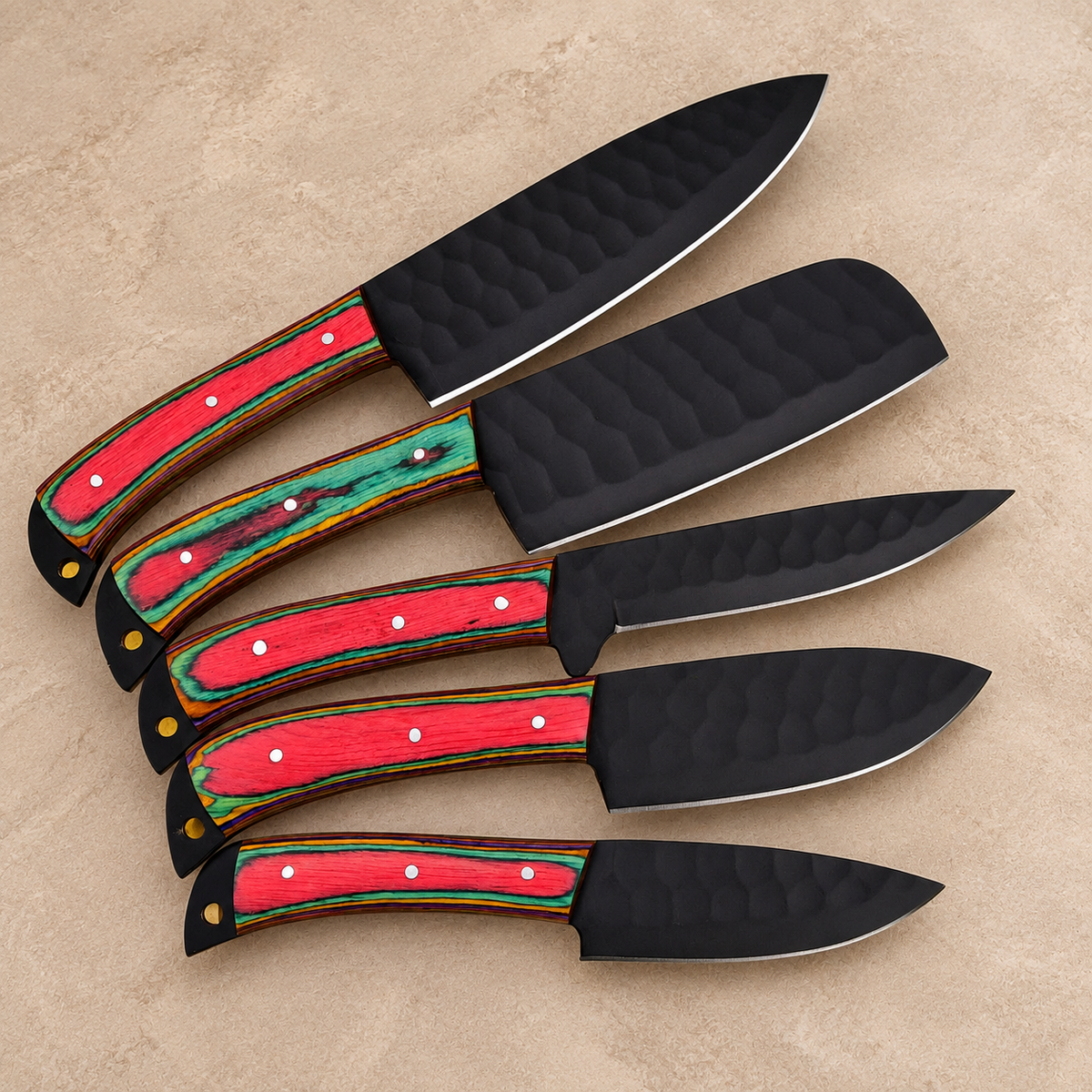 Custom Handmade Carbon Steel Chef Knife Set – 5 Piece Kitchen Knives with Leather Sheath