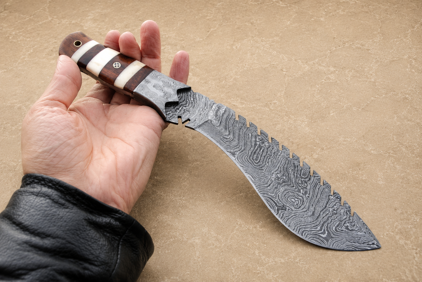 Heritage Curve Damascus Steel Utility Knife – 12" Hand Forged 512 Layer Blade with Camel Bone & Wood Handle, Leather Sheath